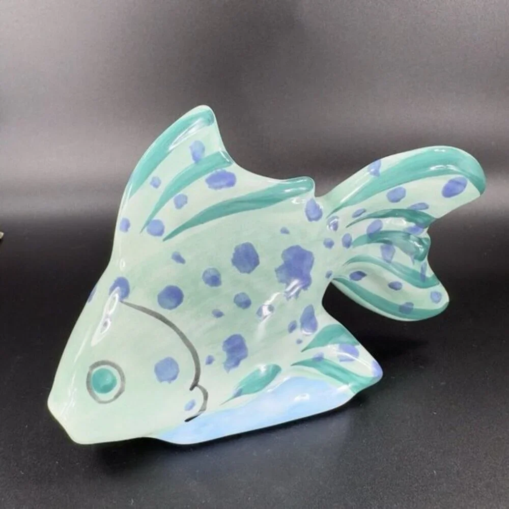 Present Tense Hand Painted Fish‎ Figurine Figure Blue Green Pottery Ceramic Fish
